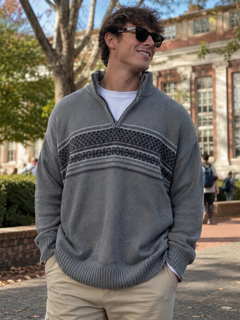 Oscar de la Renta Nordic Men's Gray Fair Isle Quarter Zip Fall Pullover Sweater